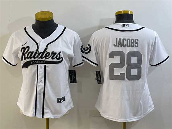 Women%27s Las Vegas Raiders #28 Josh Jacobs White Silver With Patch Cool Base Stitched Baseball Jersey->women nfl jersey->Women Jersey